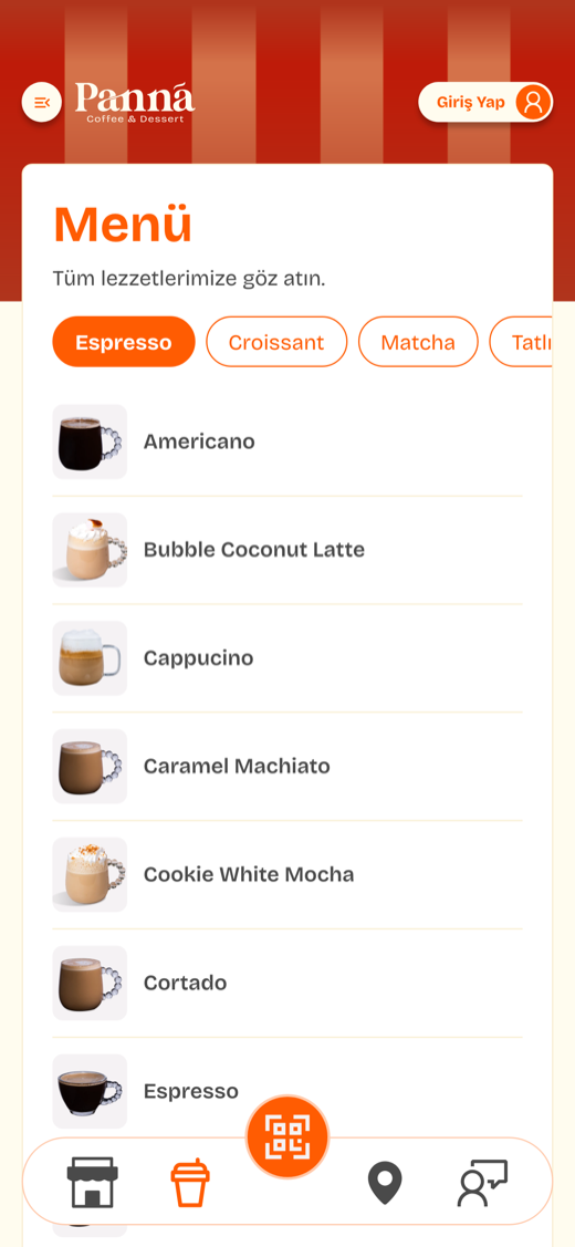 Panna mobil uygulaması menü ekranı